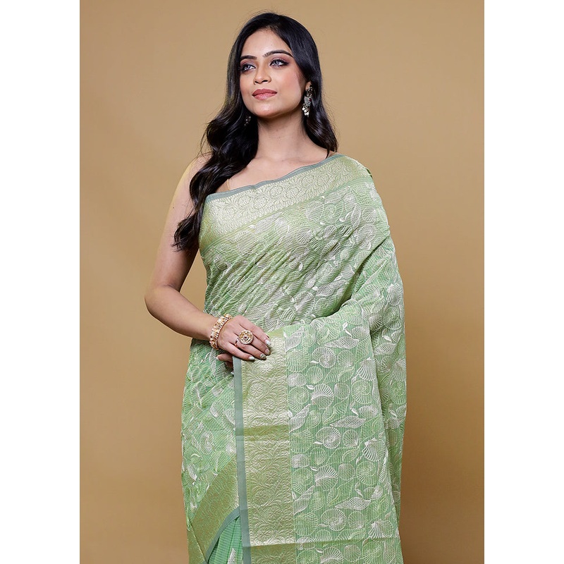 Green Pure Kota Cotton Saree With Blouse Piece - JD986611158
