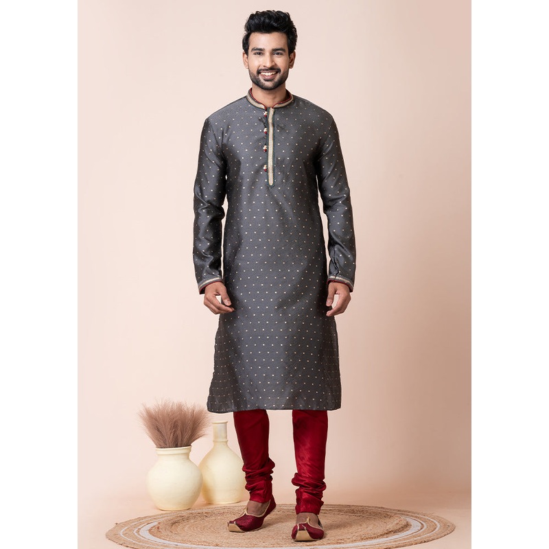 Grey Blended Silk Kurta And Pajama Set - JD986611199