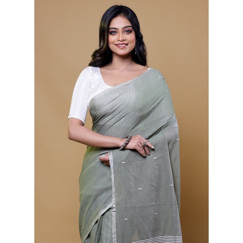 Grey Cotton Saree With Blouse Piece - JD986611156