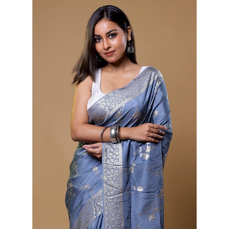 Grey Dupion Silk Saree With Blouse Piece - JD986611273