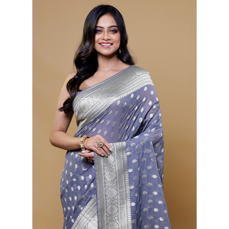 Grey Georgette Saree With Blouse Piece - JD986611157