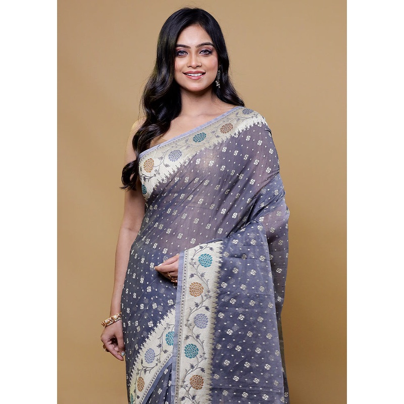 Grey Kora Silk Saree With Blouse Piece - JD986611153