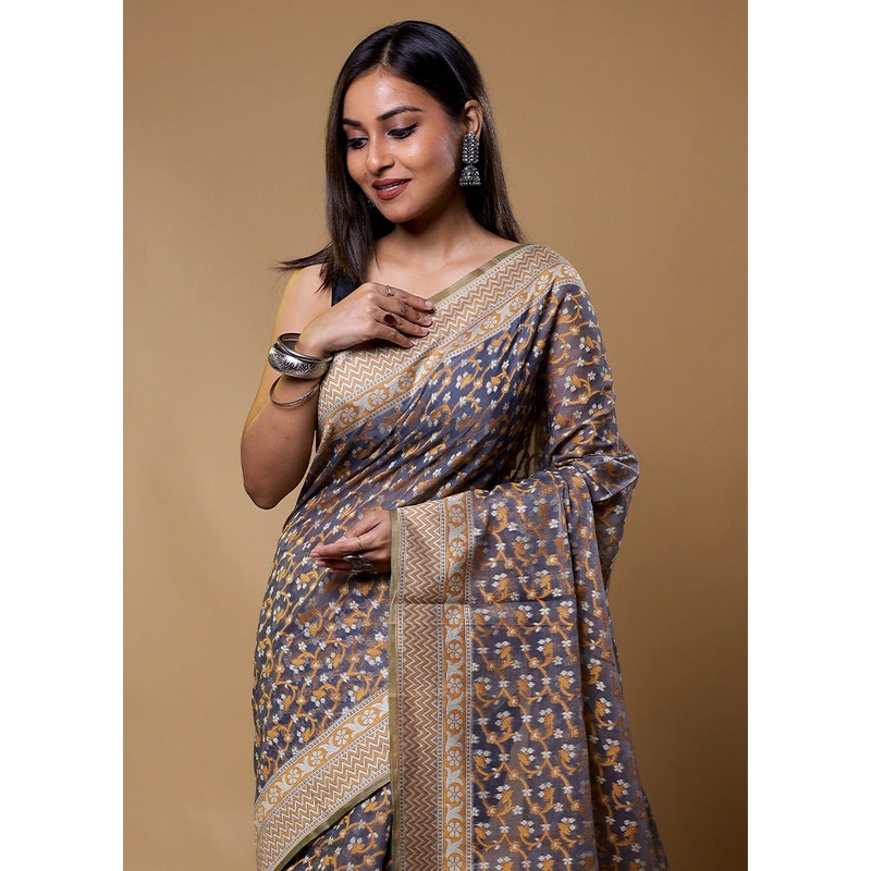Grey Kora Silk Saree With Blouse Piece - JD986611271