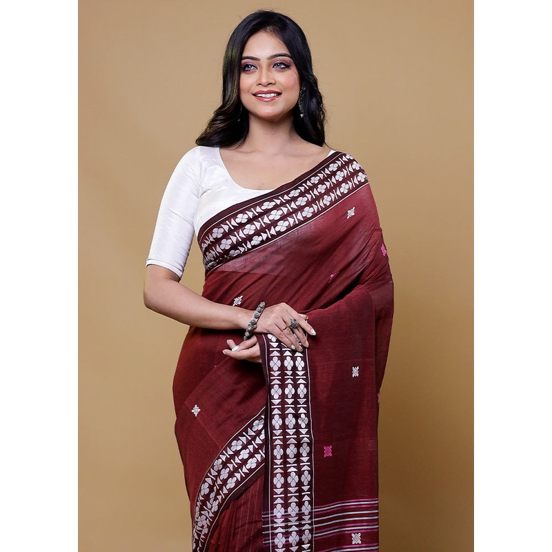 Maroon Cotton Saree With Blouse Piece - JD986611151