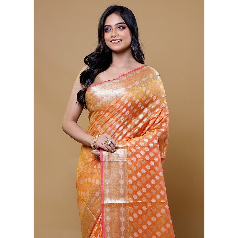 Orange Kora Silk Saree With Blouse Piece - JD986611149