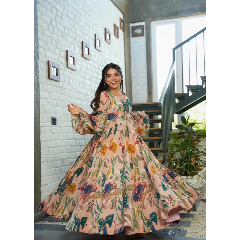Peach Readymade Silk Indian Dress - JD986611236