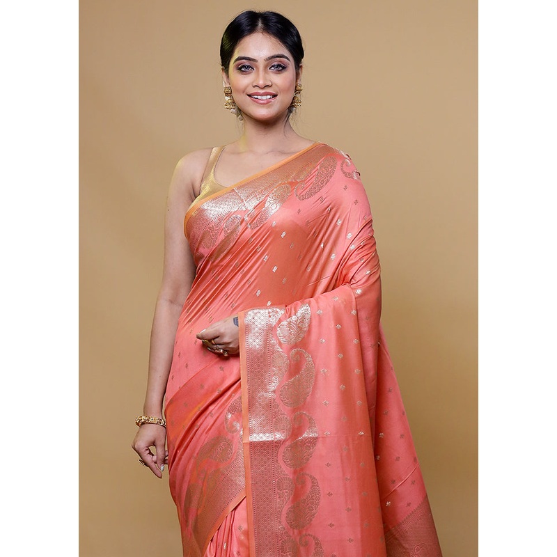 Pink Cotton Saree With Blouse Piece - JD986611147