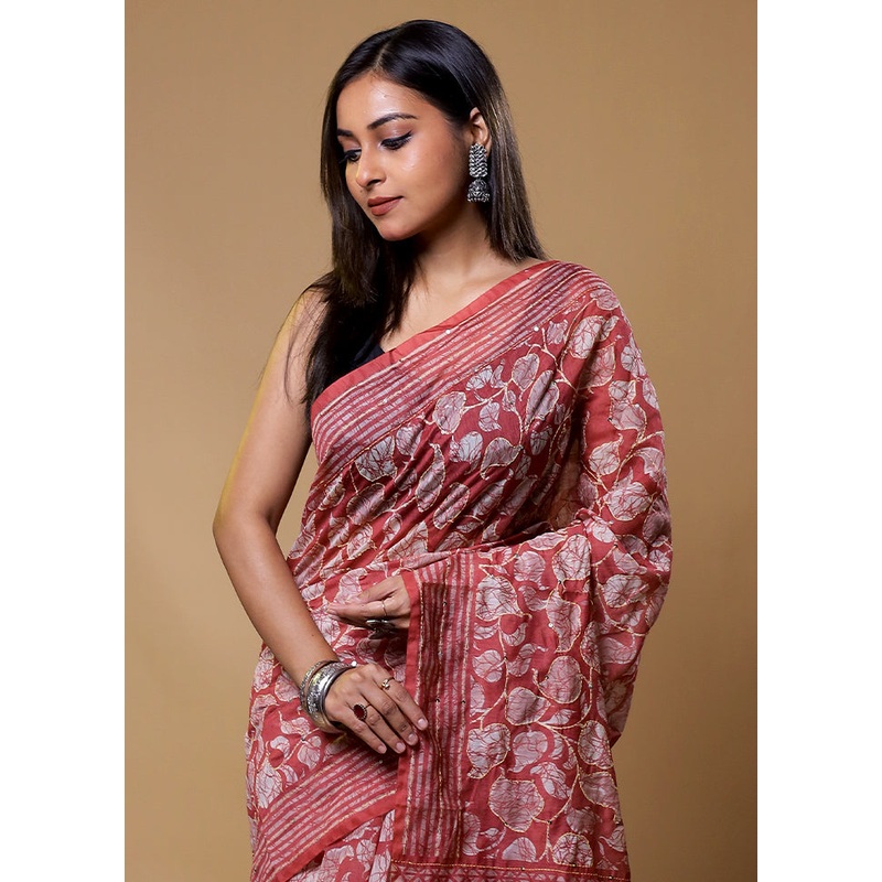 Pink Cotton Saree With Blouse Piece - JD986611269