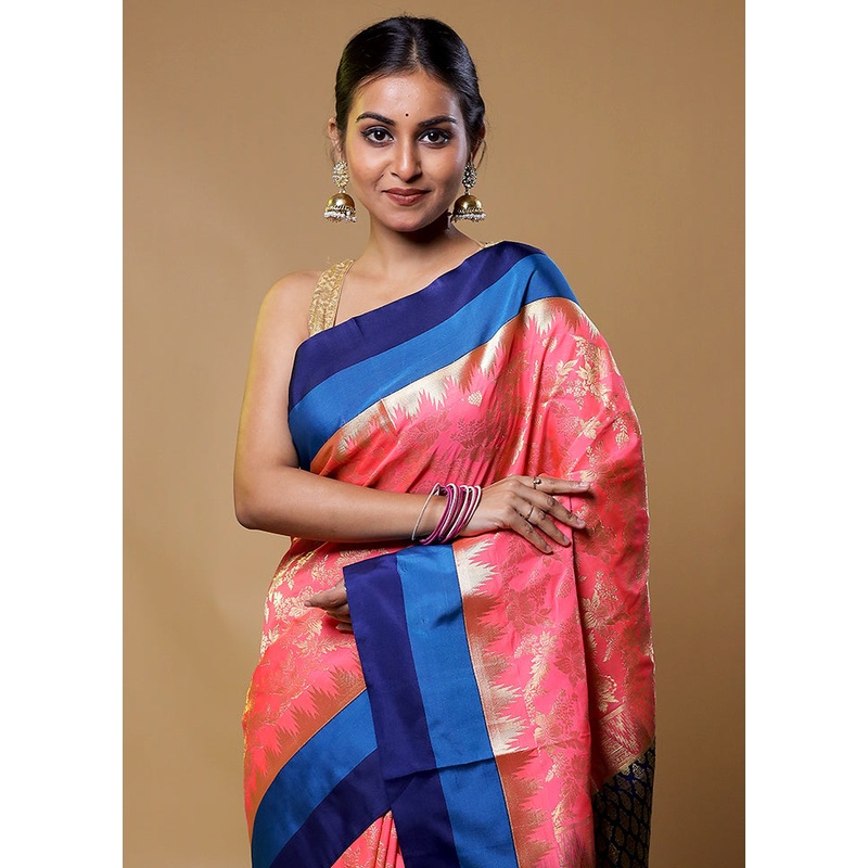Pink Kanjivaram Silk Saree With Blouse Piece - JD986611267