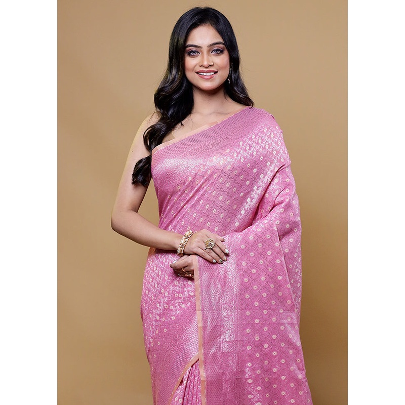 Pink Kora Silk Saree With Blouse Piece - JD986611145
