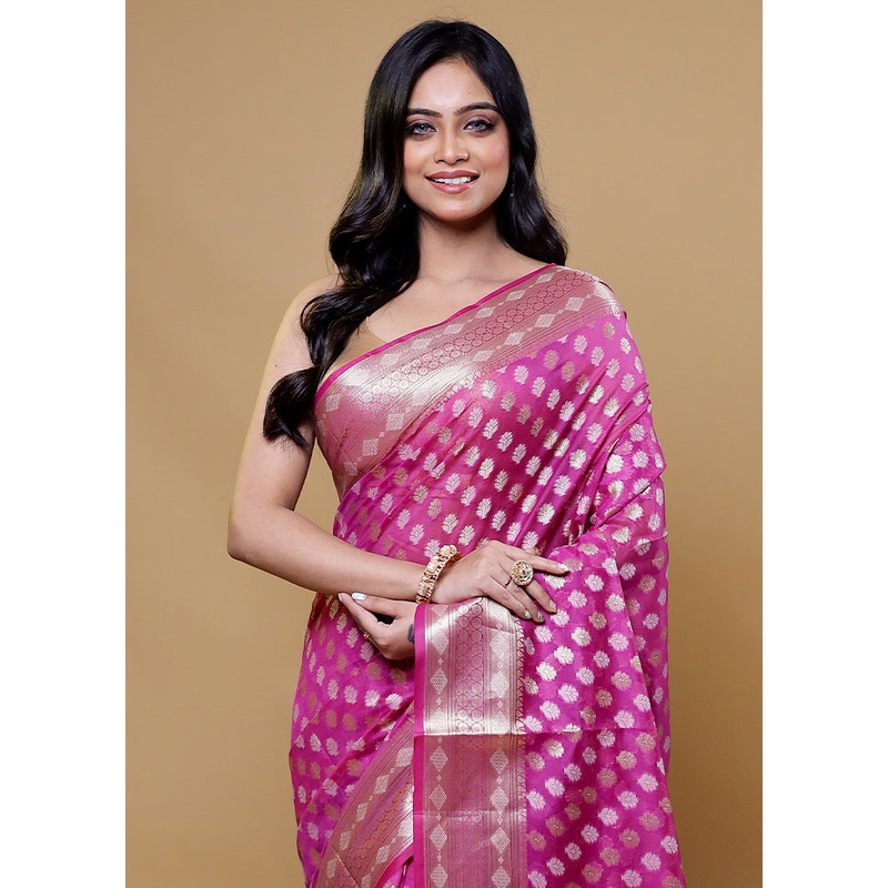 Pink Kora Silk Saree With Blouse Piece - JD986611146