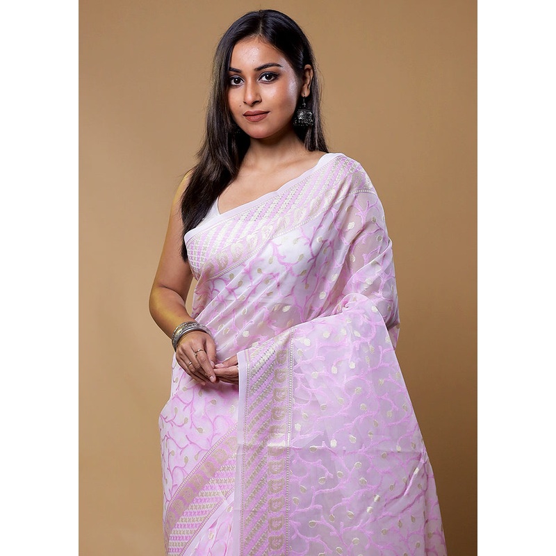 Pink Organza Saree With Blouse Piece - JD986611260