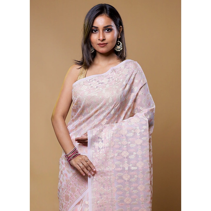 Pink Organza Saree With Blouse Piece - JD986611262