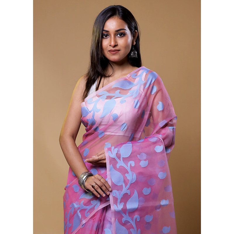 Pink Organza Saree With Blouse Piece - JD986611263