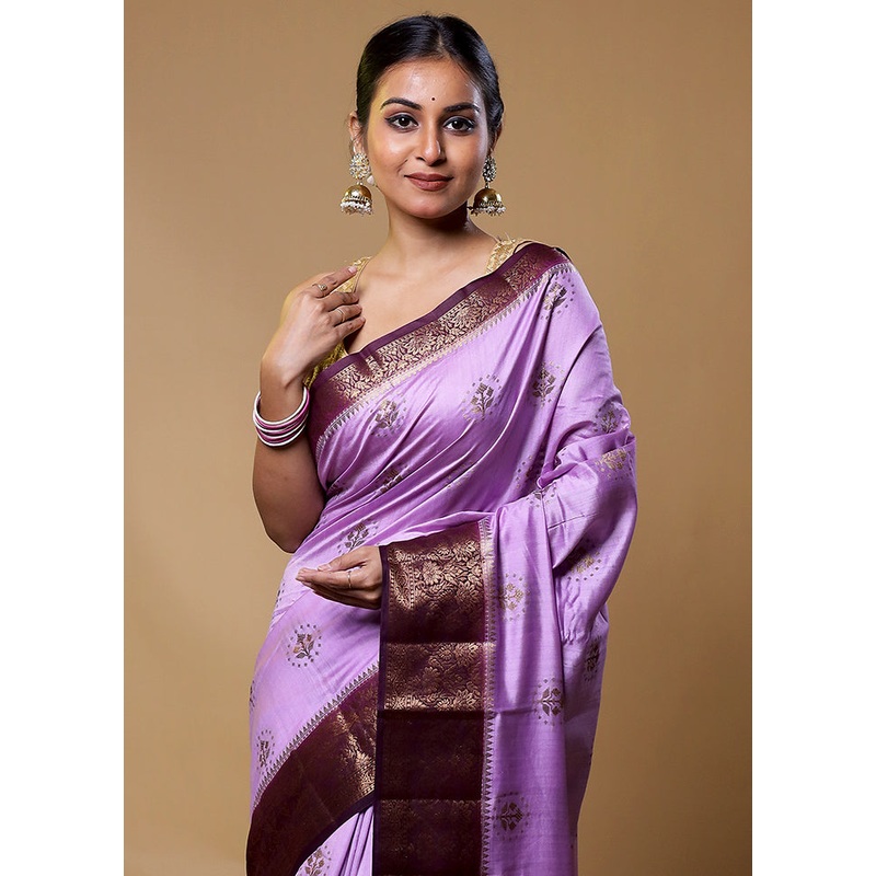 Purple Handloom Dupion Pure Silk Saree With Blouse Piece - JD986611259