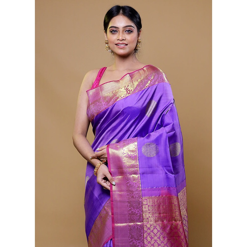 Purple Handloom Kanchipuram Pure Silk Saree With Blouse Piece - JD986611143