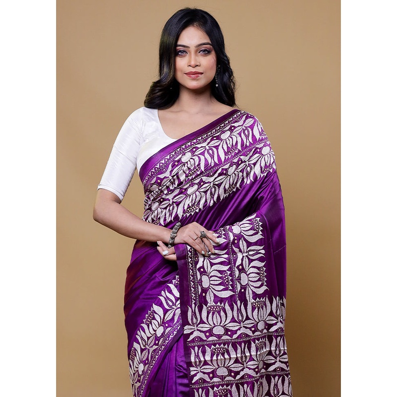 Purple Handloom Kantha Stitch Pure Silk Saree With Blouse Piece - JD986611142