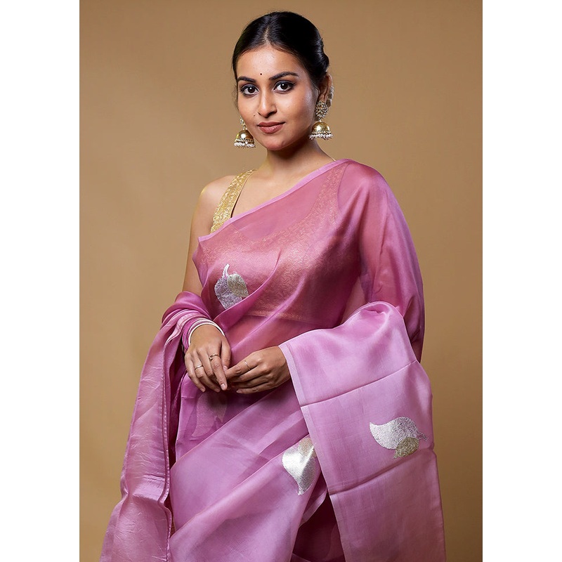 Purple Handloom Pure Organza Saree With Blouse Piece - JD986611258