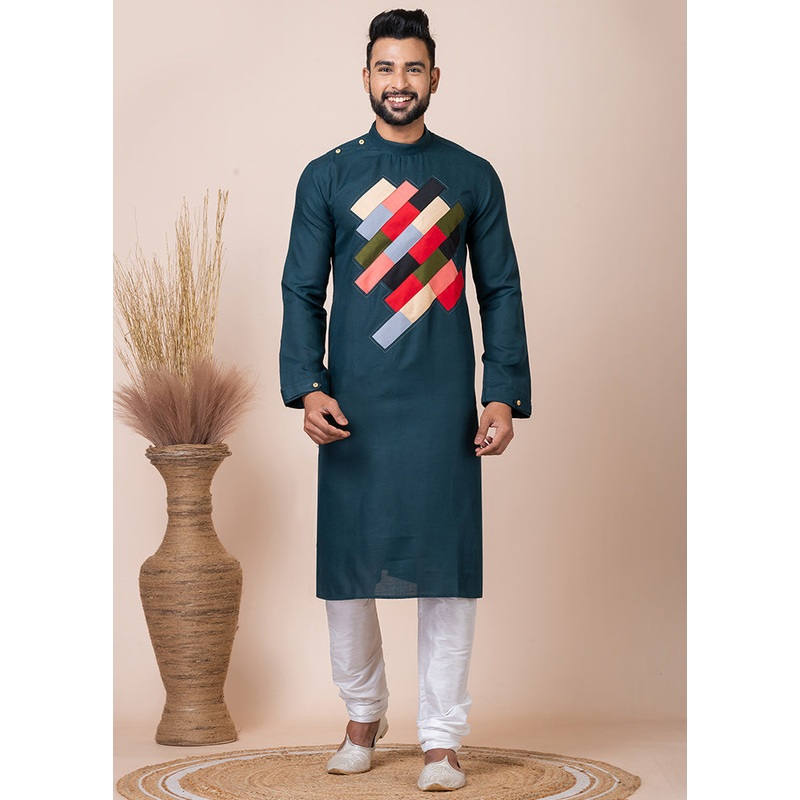 Rama Green Cotton Kurta And Pajama Set - JD986611095