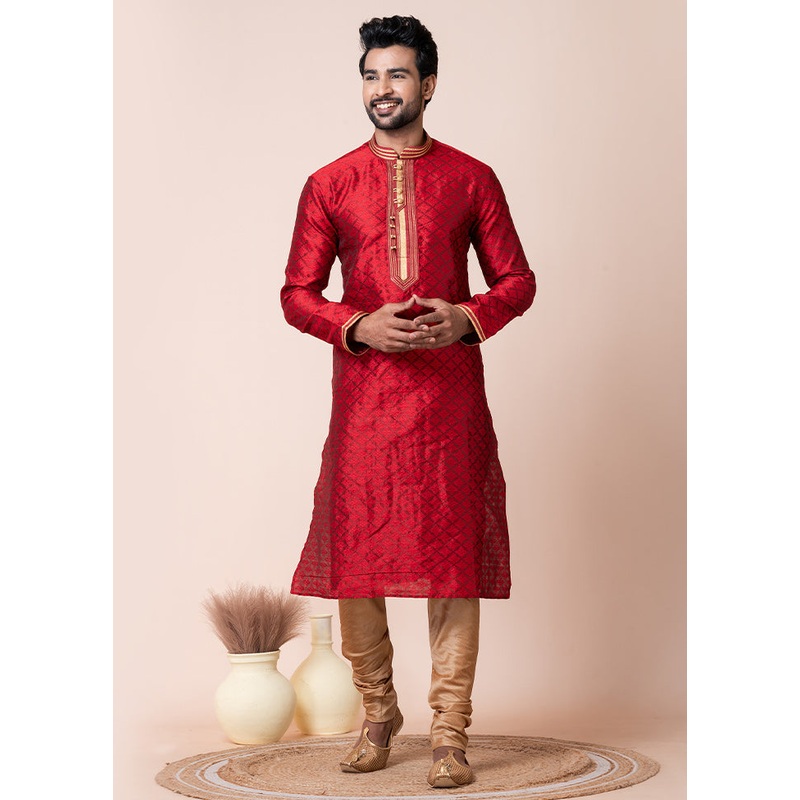 Red Blended Silk Kurta And Pajama Set - JD986611182