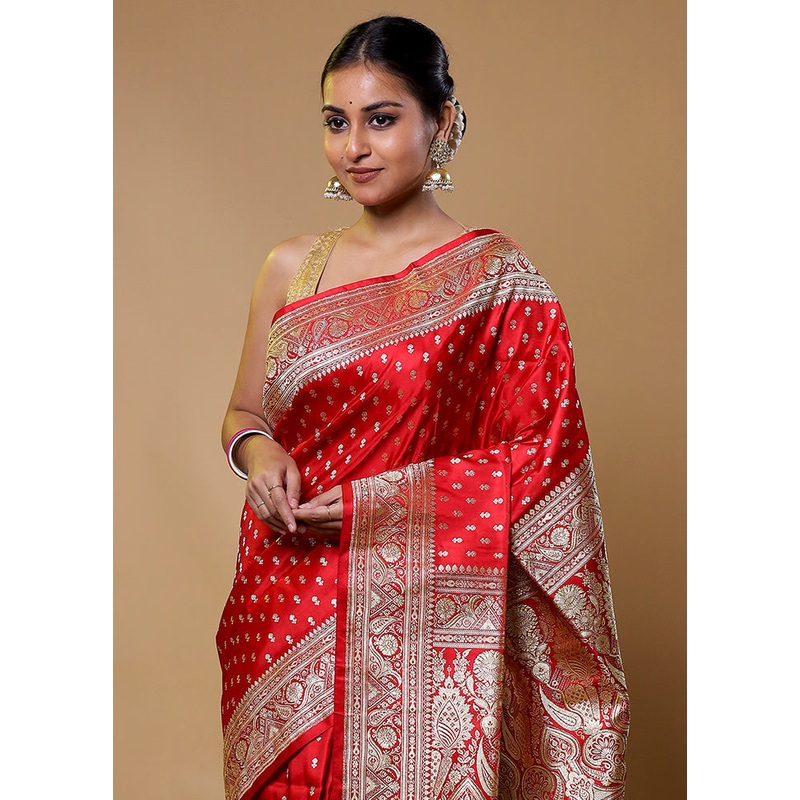 Red Handloom Banarasi Pure Silk Saree With Blouse Piece - JD986611256