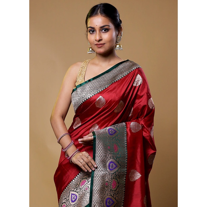 Red Handloom Katan Pure Silk Saree With Blouse Piece - JD986611255