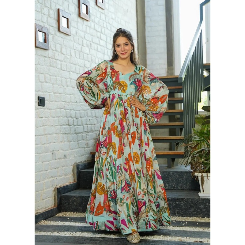 Sea Green Readymade Silk Indian Dress - JD986611234