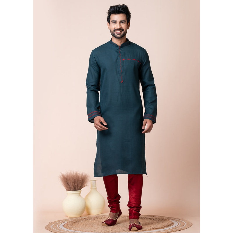 Teal Cotton Kurta And Pajama Set - JD986611181