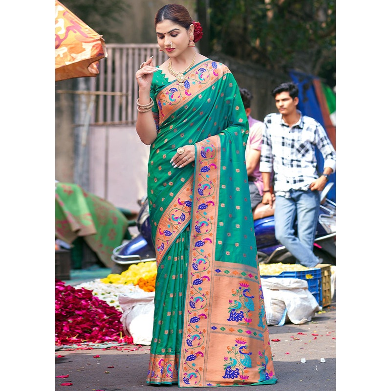 Teal Green Dupion Silk Saree With Blouse Piece - JD986611083
