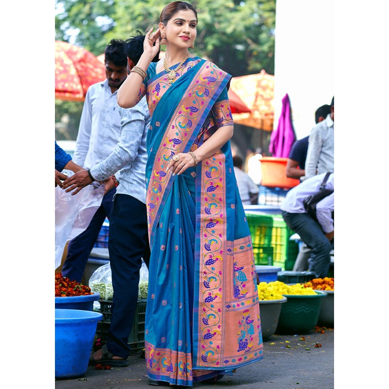 Turquoise Dupion Silk Saree With Blouse Piece - JD986611082