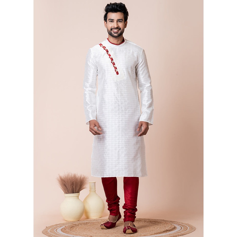 White Blended Silk Kurta And Pajama Set - JD986611179