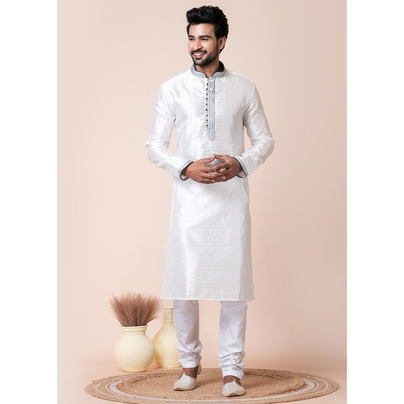 White Blended Silk Kurta And Pajama Set - JD986611180