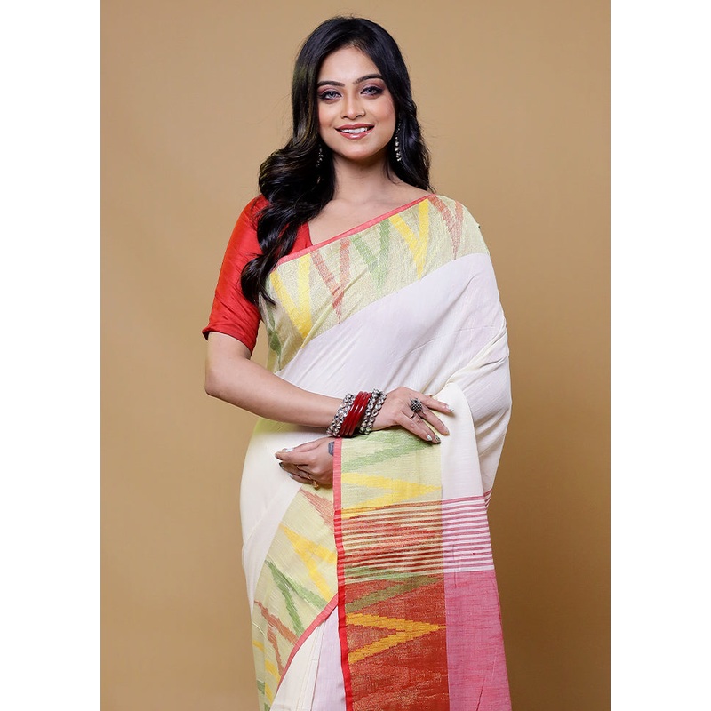 White Cotton Saree With Blouse Piece - JD986611131