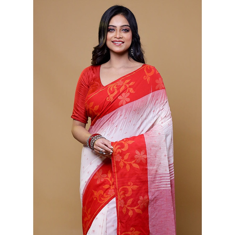 White Cotton Saree With Blouse Piece - JD986611132