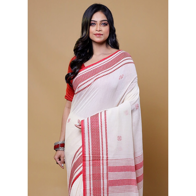 White Cotton Saree With Blouse Piece - JD986611133