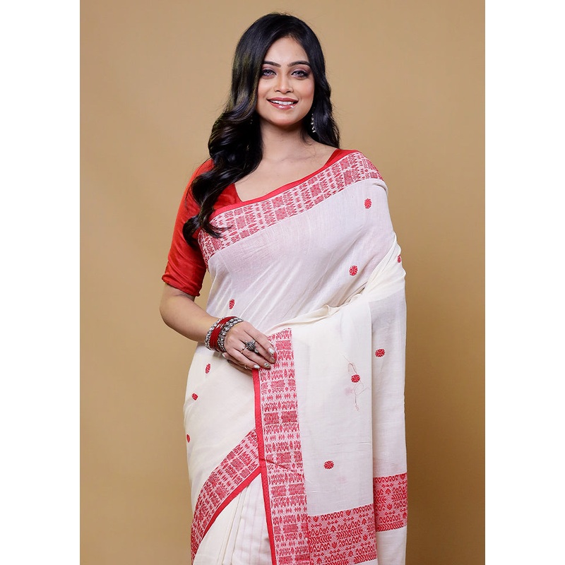 White Cotton Saree With Blouse Piece - JD986611134