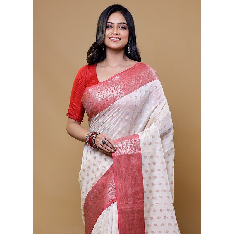 White Cotton Saree With Blouse Piece - JD986611138