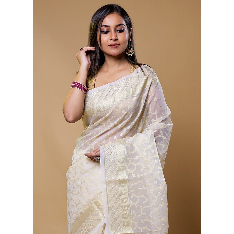 White Organza Saree With Blouse Piece - JD986611253