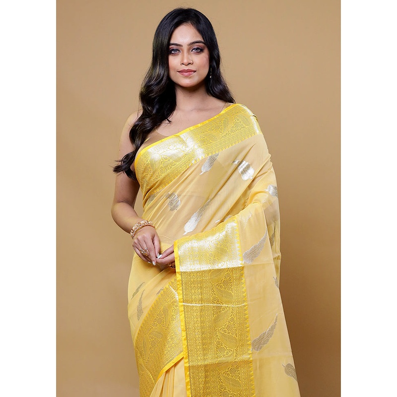 Yellow Cotton Saree With Blouse Piece - JD986611130