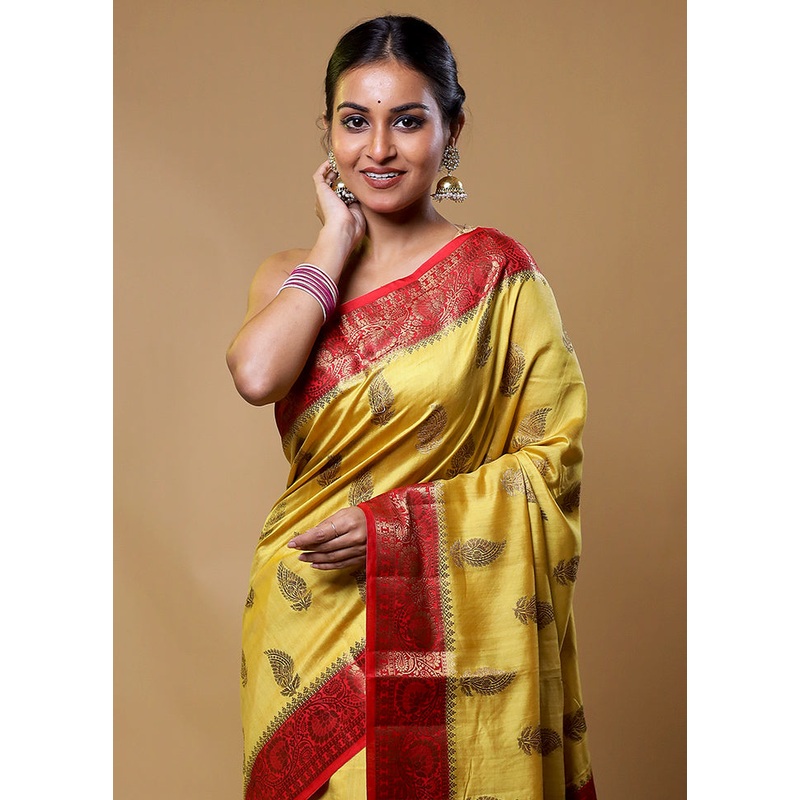 Yellow Handloom Dupion Pure Silk Saree With Blouse Piece - JD986611252