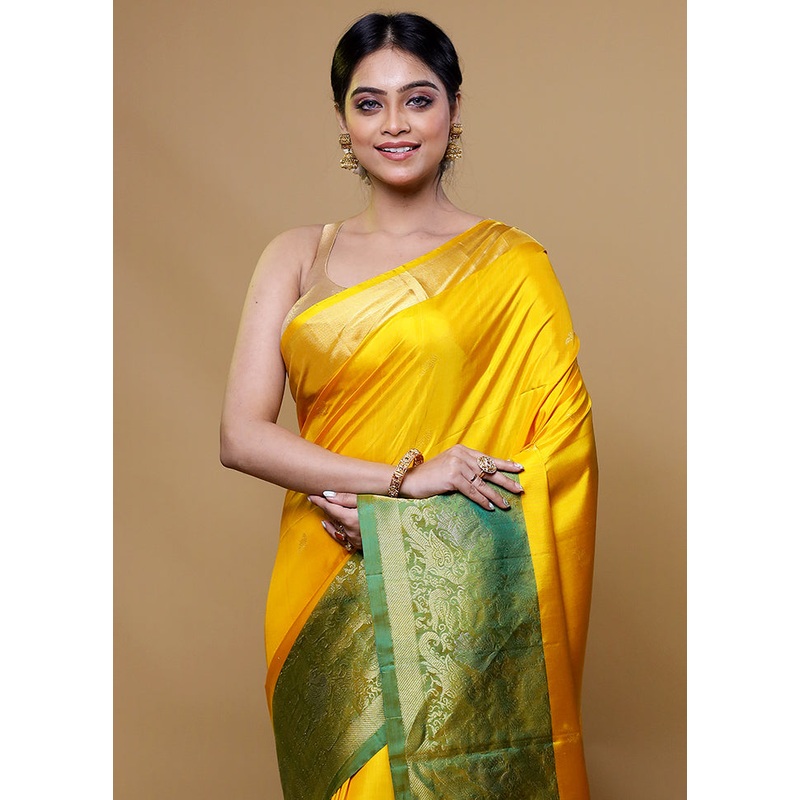Yellow Handloom Kanchipuram Pure Silk Saree With Blouse Piece - JD986611129
