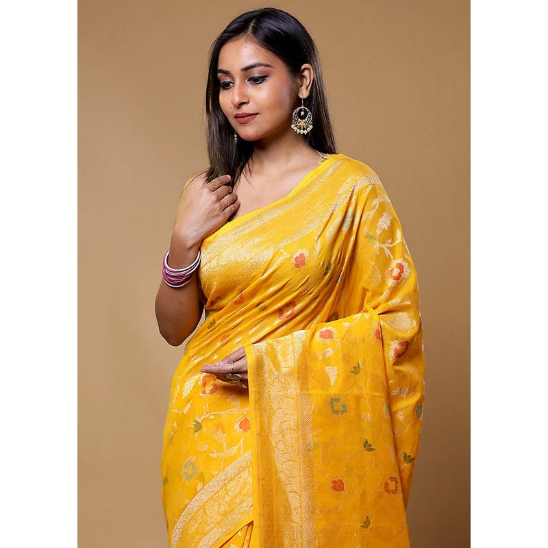 Yellow Handloom Kora Pure Silk Saree With Blouse Piece - JD986611251