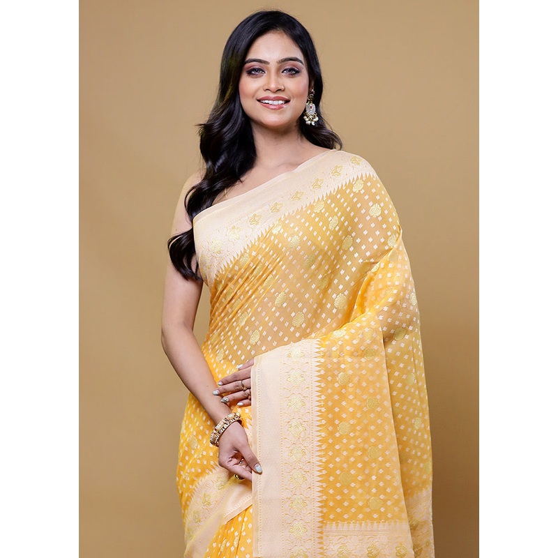 Yellow Kora Silk Saree With Blouse Piece - JD986611126