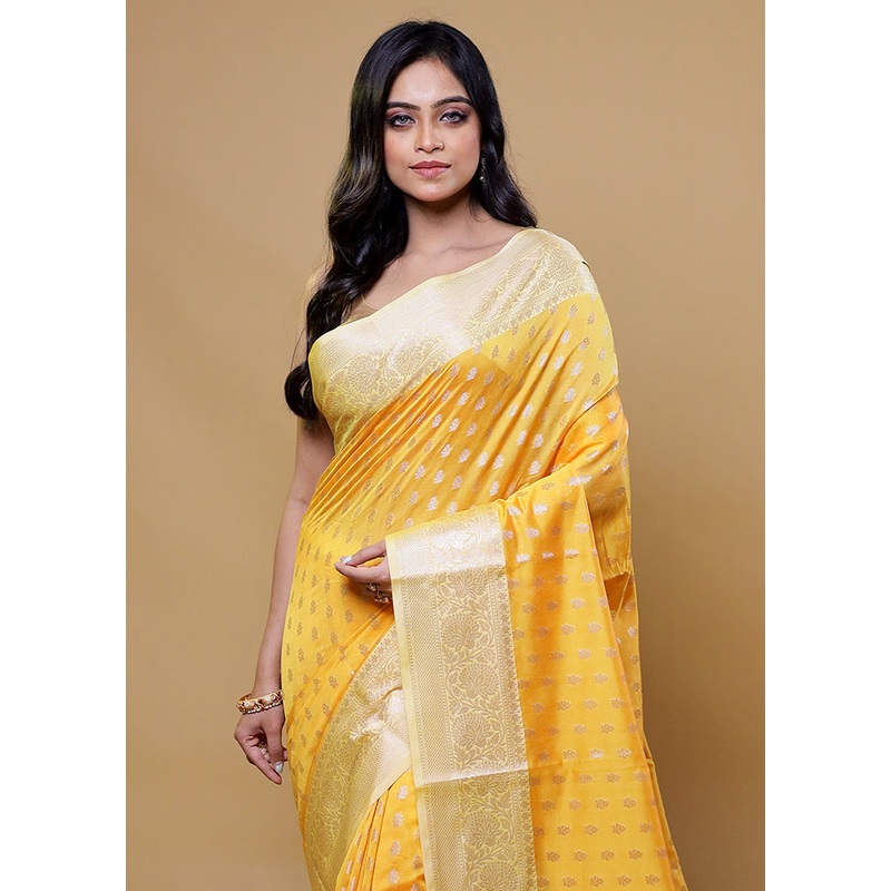 Yellow Kora Silk Saree With Blouse Piece - JD986611127