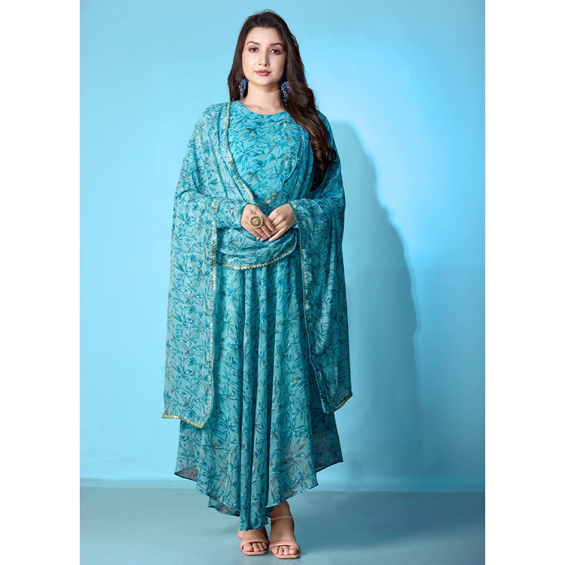 2 Pc Blue Readymade Georgette Kurti Set - JD986610933