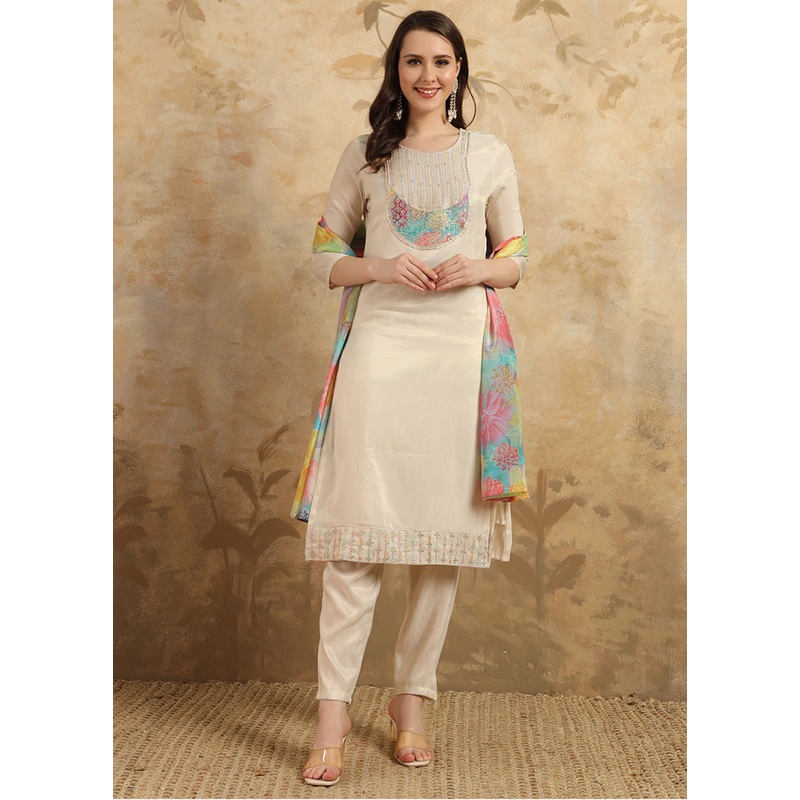 3 Pc Beige Readymade Silk Suit Set - JD986611012