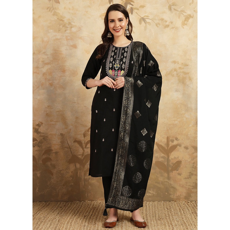 3 Pc Black Readymade Chanderi Suit Set - JD986611011