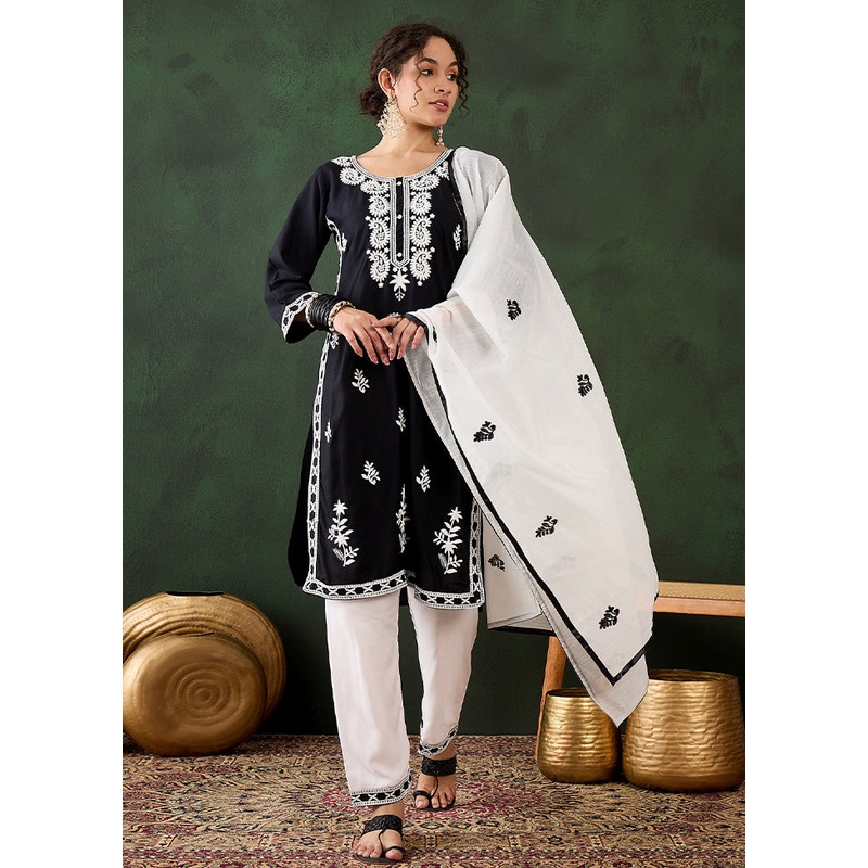 3 Pc Black Readymade Rayon Suit Set - JD986610928