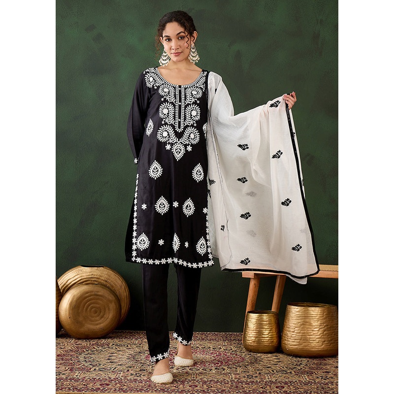 3 Pc Black Readymade Rayon Suit Set - JD986610929