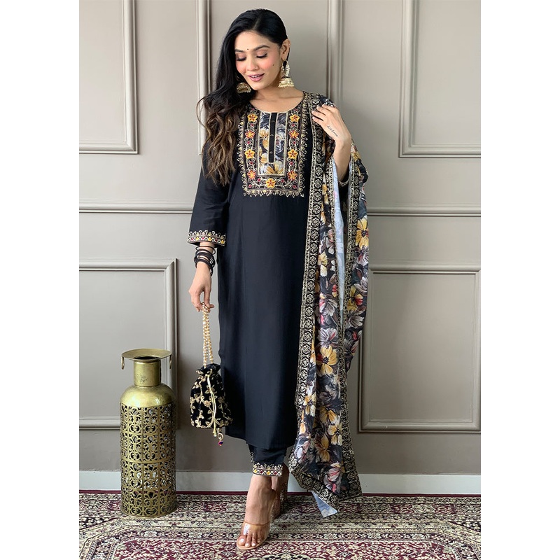 3 Pc Black Readymade Viscose Suit Set - JD986610927